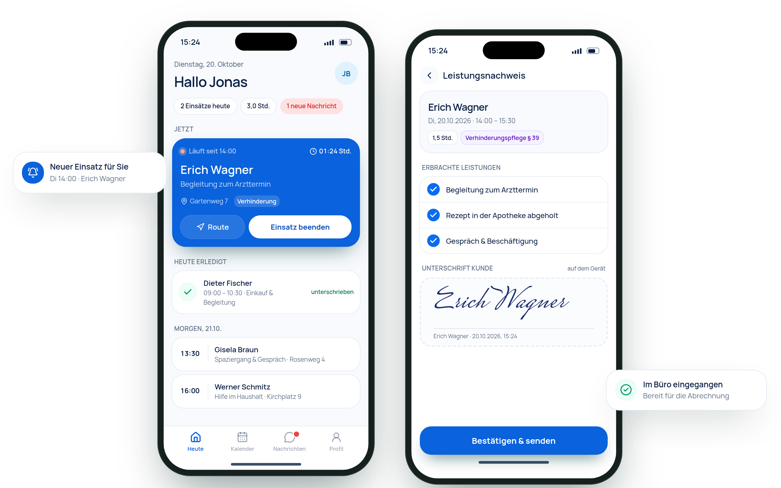 Helfer-App von Anna3 mit Tagesübersicht und digital unterschriebenem Leistungsnachweis